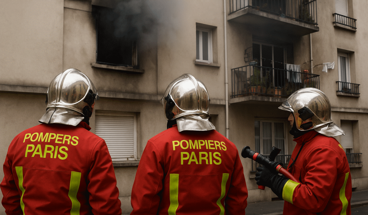 Pompiers de Paris en intervention devant un immeuble en feu