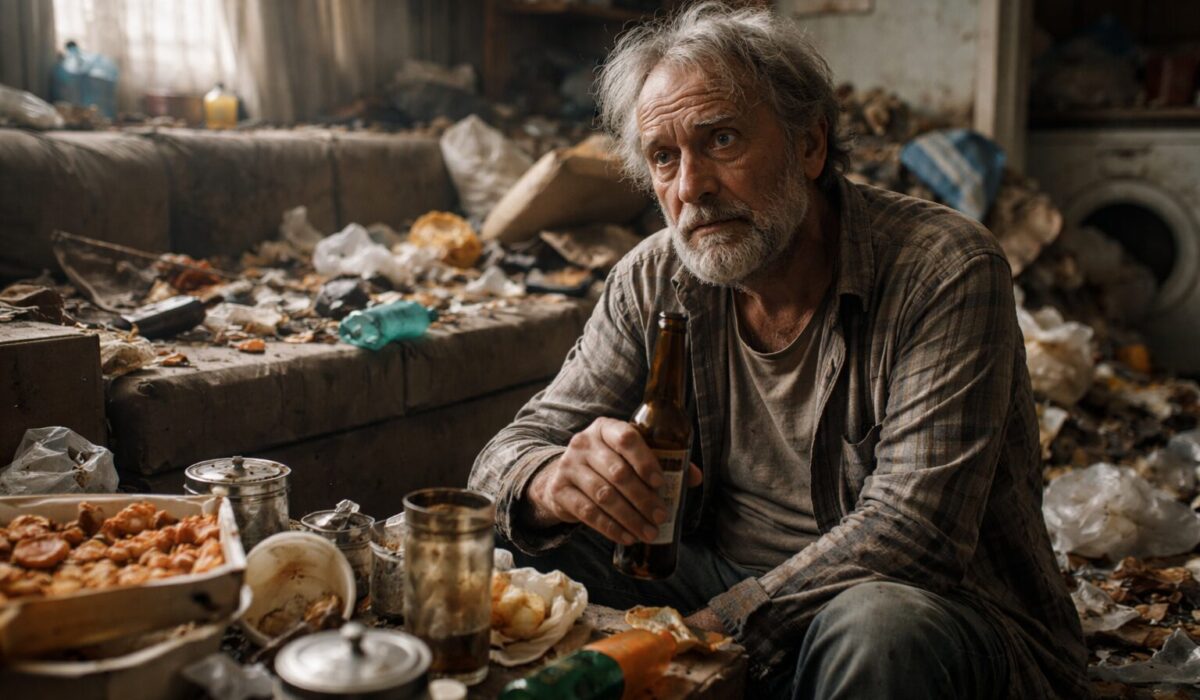 Homme assis dans un logement en état d’incurie illustrant les conséquences du syndrome de Korsakoff sur l’entretien du domicile