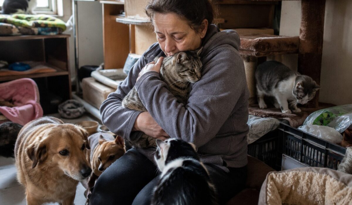 Personne entourée de nombreux chats et chiens dans un logement encombré, illustrant le syndrome de Noé et le rôle des animaux dans la régulation émotionnelle.