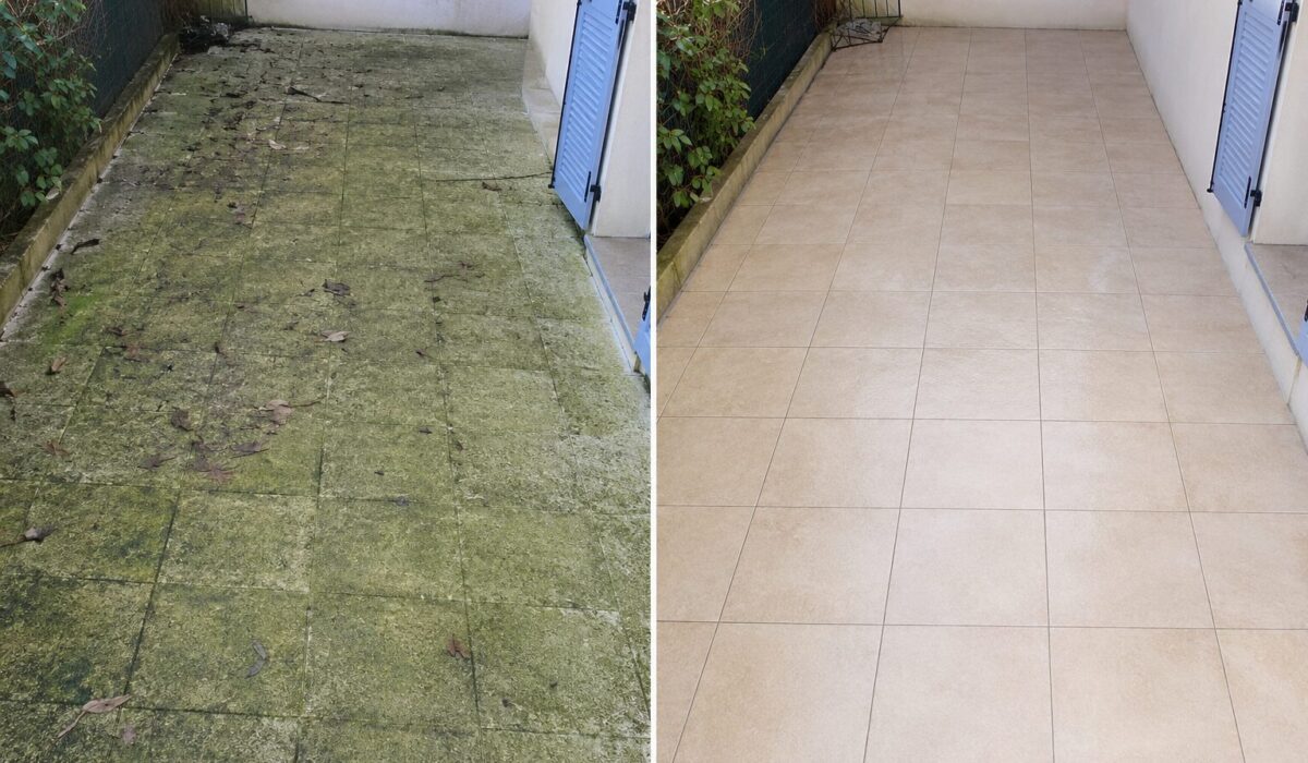 Terrasse encrassée et glissante couverte d’algues et de déchets avant nettoyage, puis terrasse propre après remise en état
