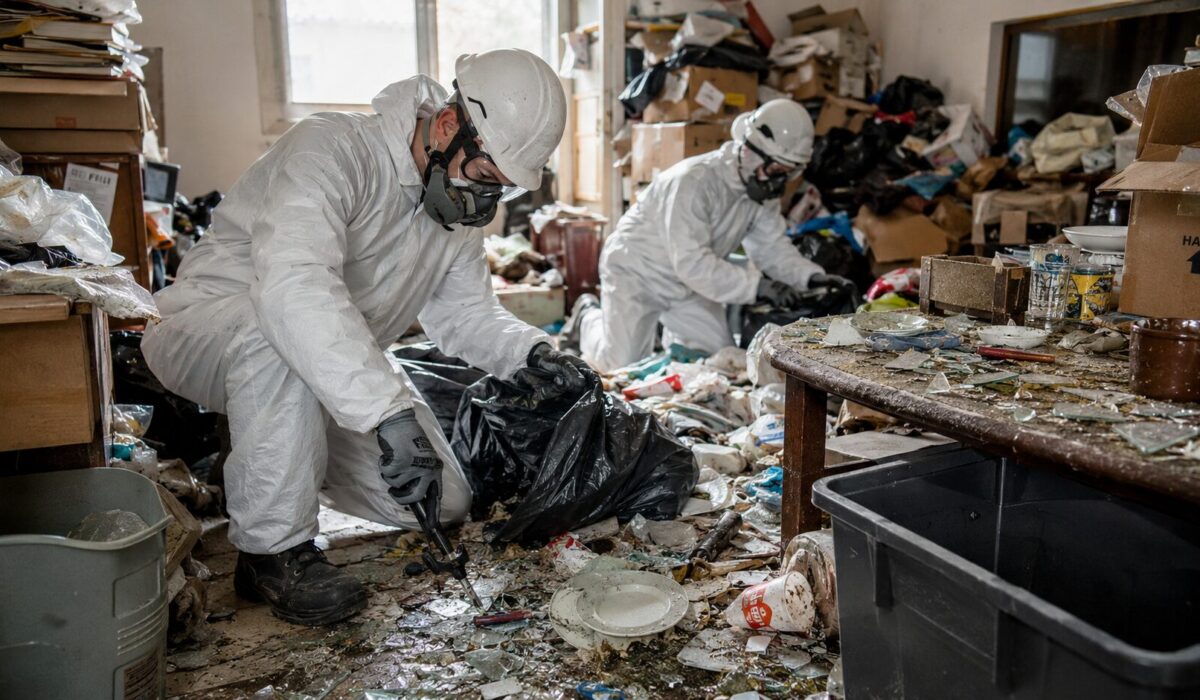 Équipe spécialisée nettoyant un logement Diogène encombré avec verre cassé, lames dissimulées et déchets dangereux