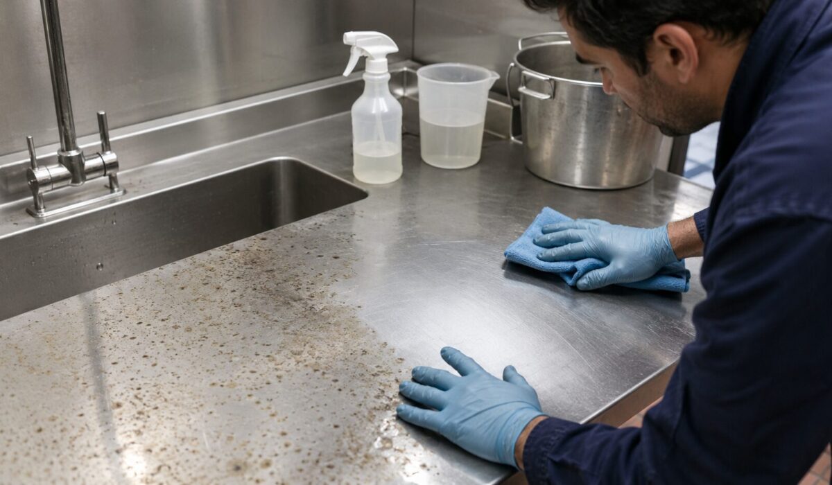 Technicien nettoyant une surface inox piquée par des produits corrosifs mal dosés dans une cuisine professionnelle