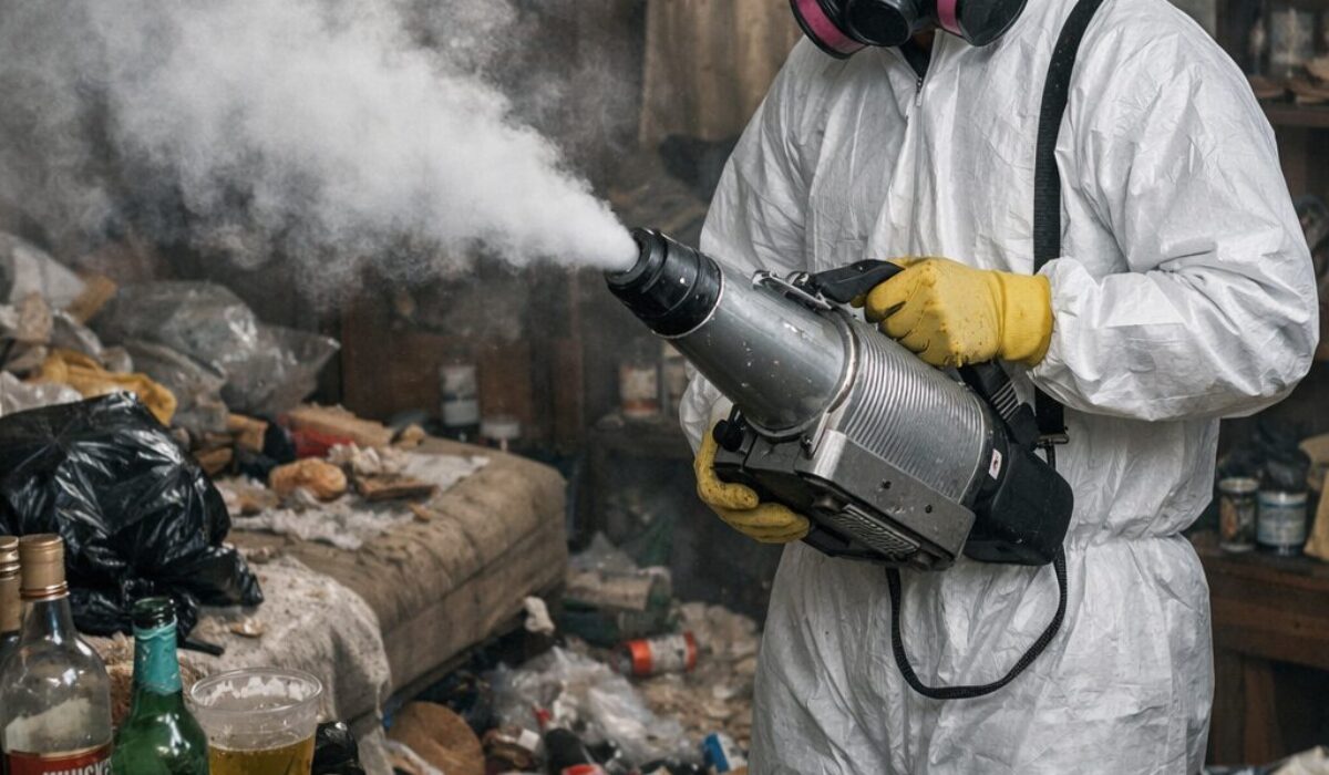 Technicien en combinaison de protection réalisant un traitement des odeurs complexes dans un logement insalubre encombré par des déchets, avec présence d’alcool, de renfermé et de nuisances olfactives persistantes