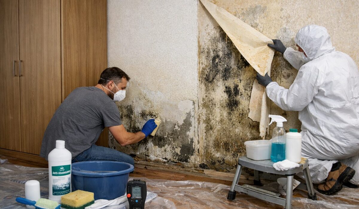 Traitement de l’humidité et des moisissures derrière un meuble et sous un papier peint décollé sur un mur intérieur