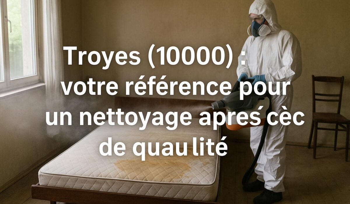 Technicien en désinfection intervenant dans une chambre à Troyes après un décès, avec un matelas taché et le titre de l’article inscrit au centre de l’image
