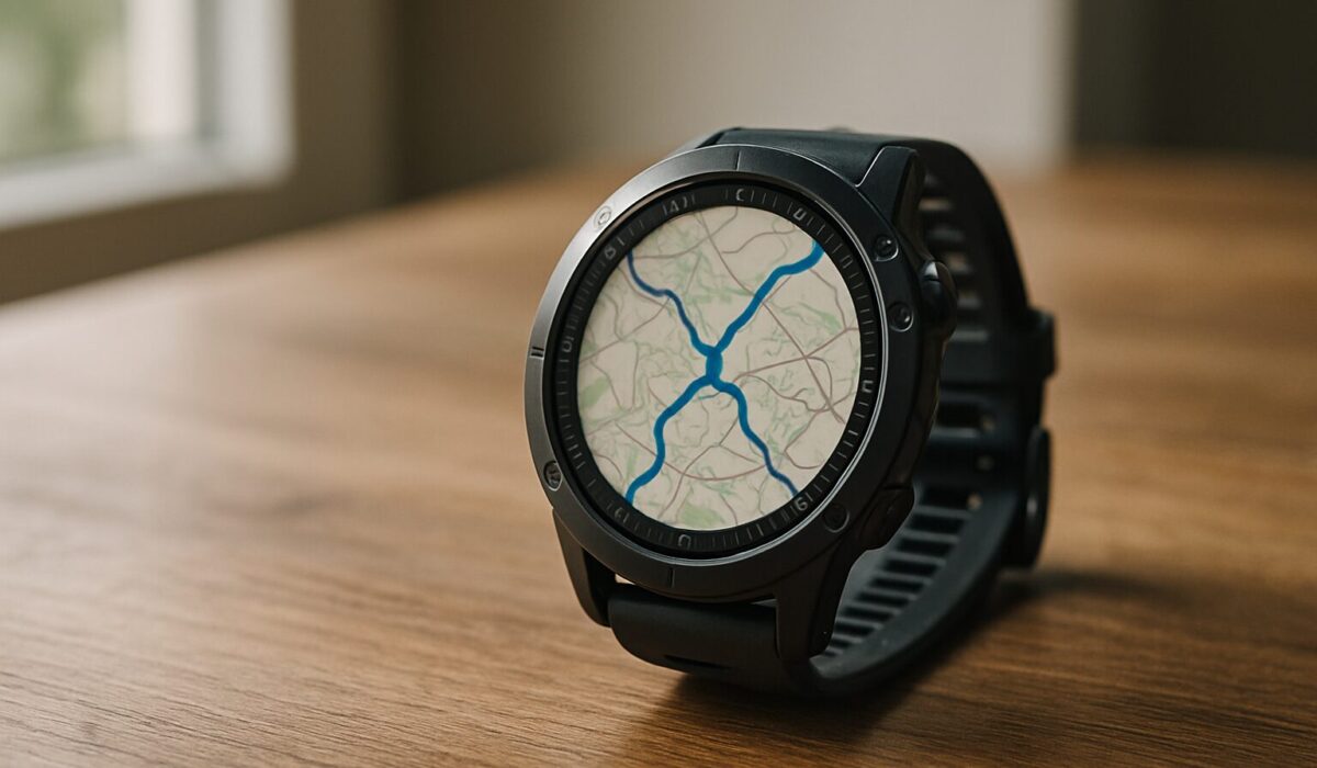Montre GPS moderne sur une table, écran allumé avec carte