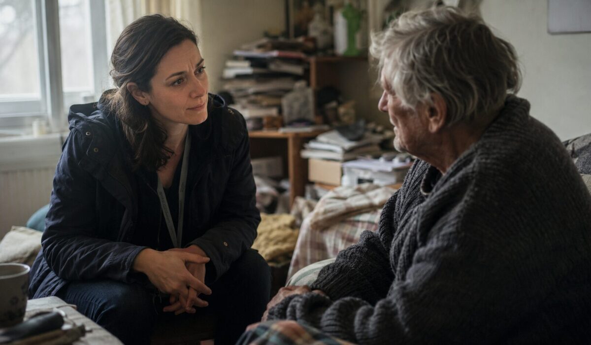Professionnelle de santé écoutant avec empathie un patient en situation d’incurie dans un logement encombré