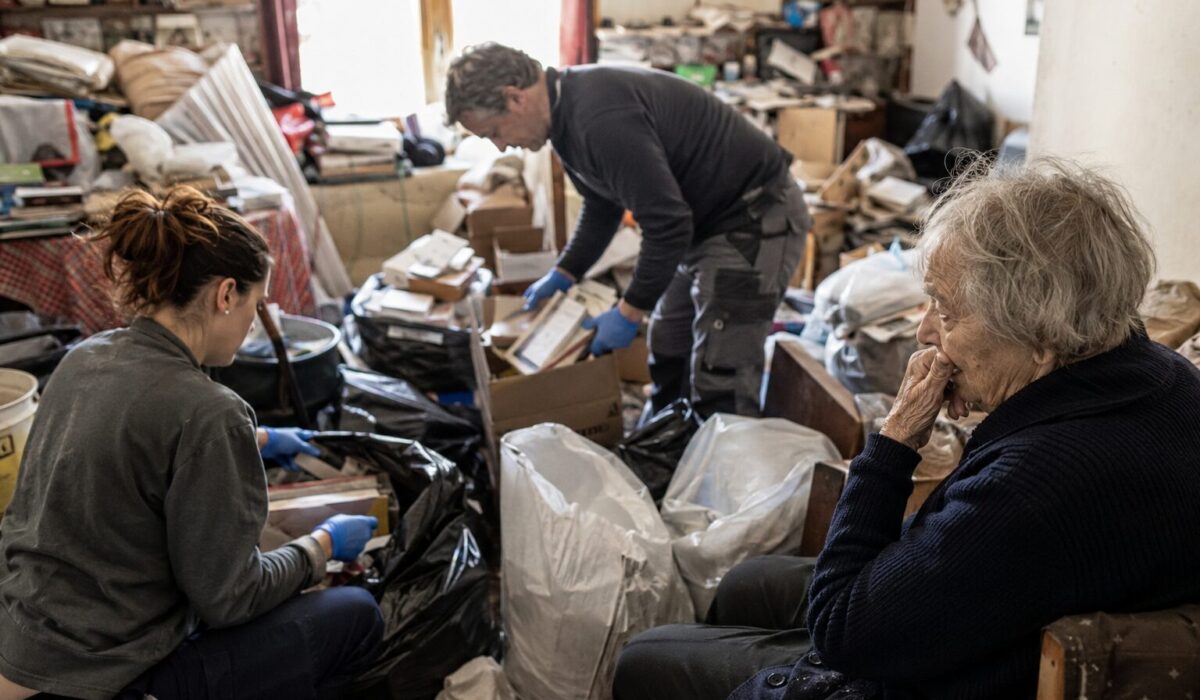 Patient âgé anxieux assis dans un logement très encombré pendant que des professionnels trient les objets avec précaution lors d’un vidage massif du domicile.