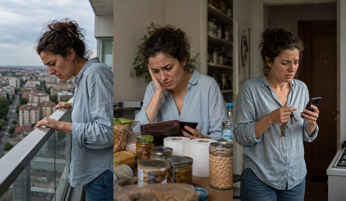 Femme anxieuse illustrant trois peurs différentes : la peur du vide sur un balcon, la peur de manquer face à des réserves alimentaires et la peur d’oublier avec des clés et un téléphone.