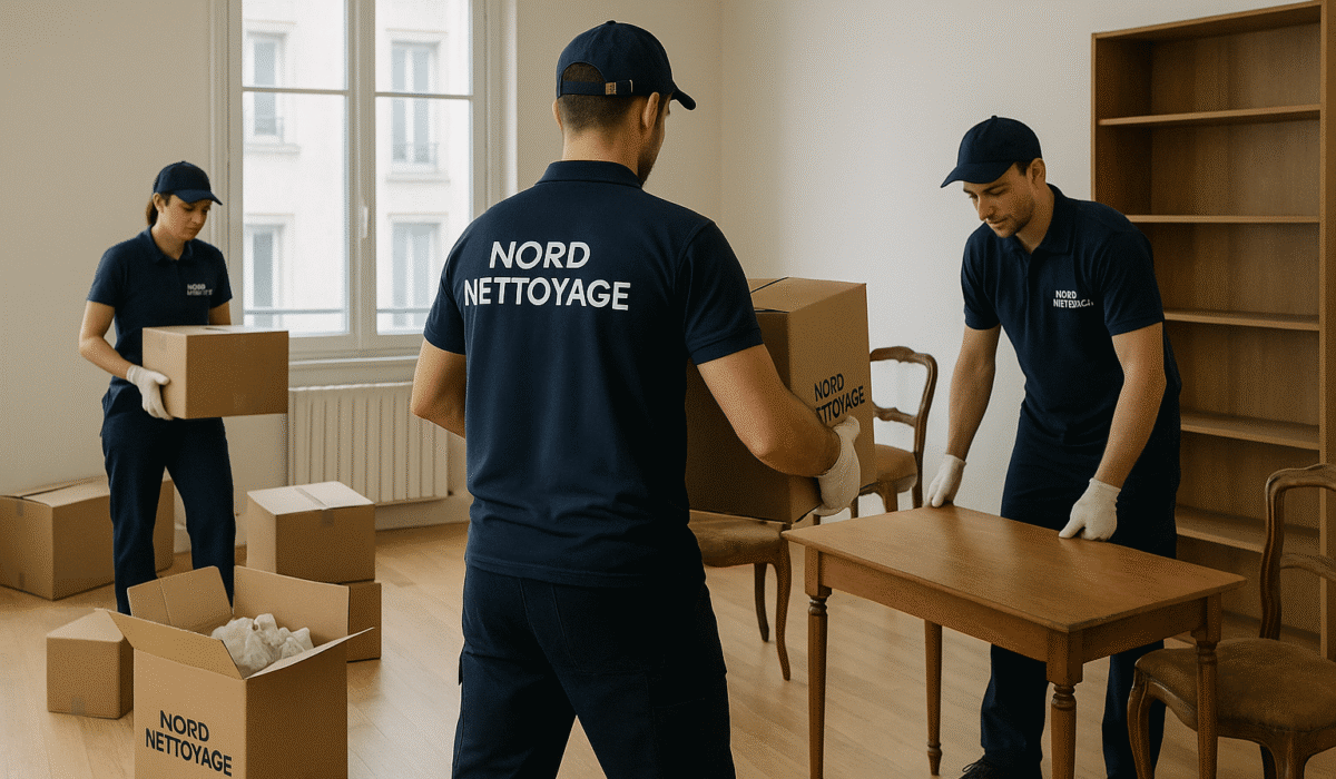 Trois agents en tenue professionnelle bleu marine de NORD NETTOYAGE trient et transportent des cartons et un meuble en bois dans un appartement vide et lumineux. L’un soulève un carton, un autre transporte une table, tandis qu'une agente trie des affaires dans le fond de la pièce.