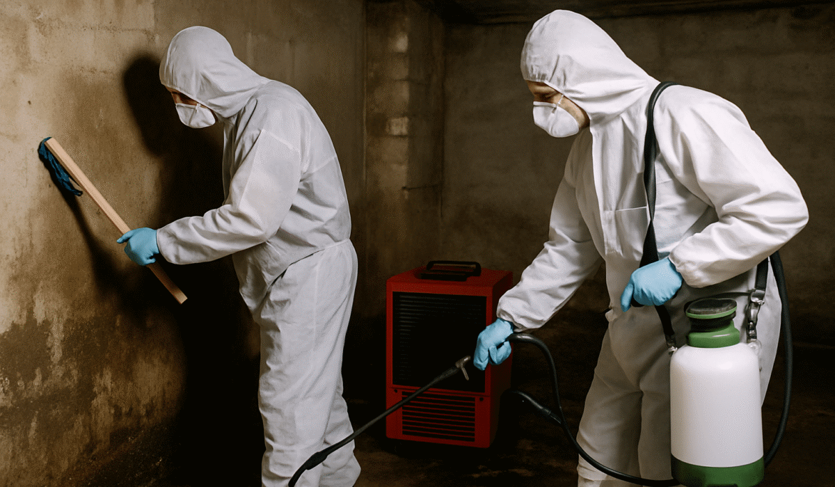 Deux travailleurs en combinaison de protection et gants nettoient une cave insalubre et humide, utilisant des déshumidificateurs et des produits désinfectants pour traiter l'environnement.