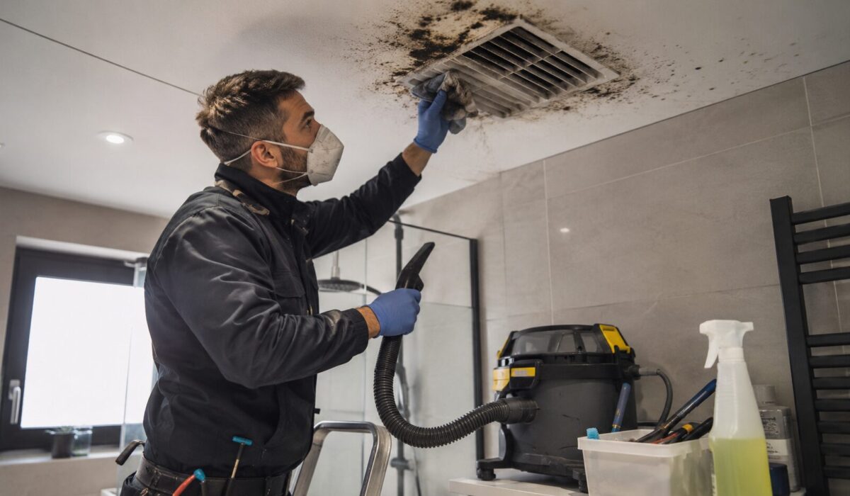 Technicien nettoyant une bouche de VMC encrassée par des poussières grasses et des moisissures dans une salle de bain